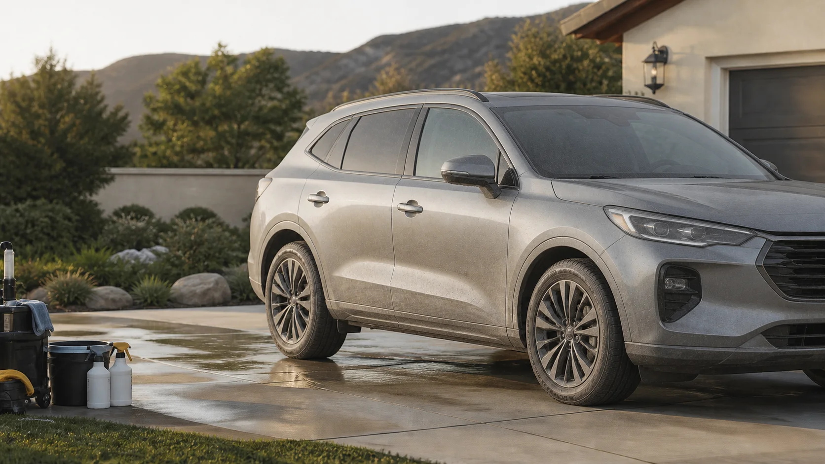 Dusty silver crossover before an exterior detail